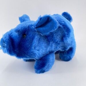 1986 Iwaya Cobalt Blue Pig Walking Oinking Plush Farmer Gag Gift Animated Toy